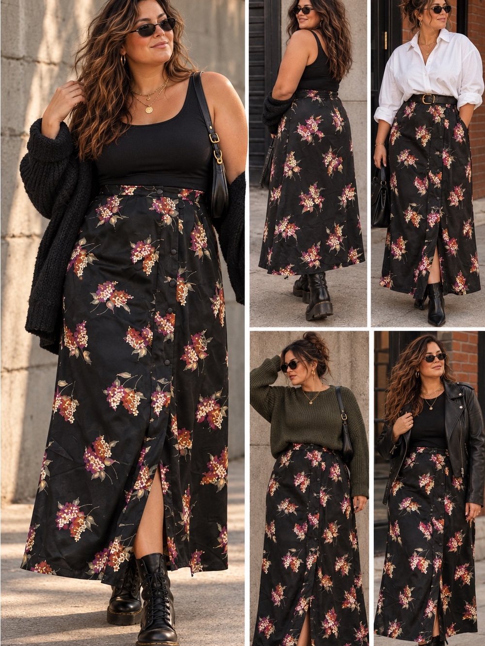 Vintage Antels Black Floral Satin Button-Front Midi Skirt 90's | Size 1X (40)